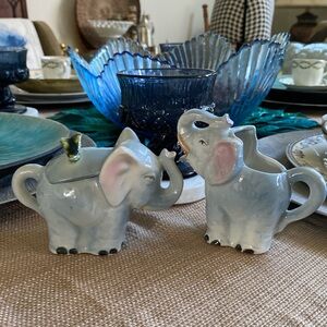 Vintage Ceramic “Trunks Up” Elephants Lidded Sugar Bowl & Creamer